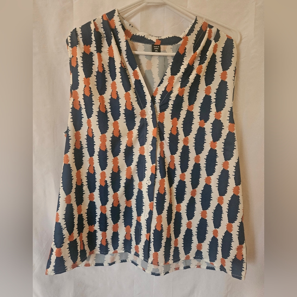 Patterned Sleeveless Top - Blue and Orange